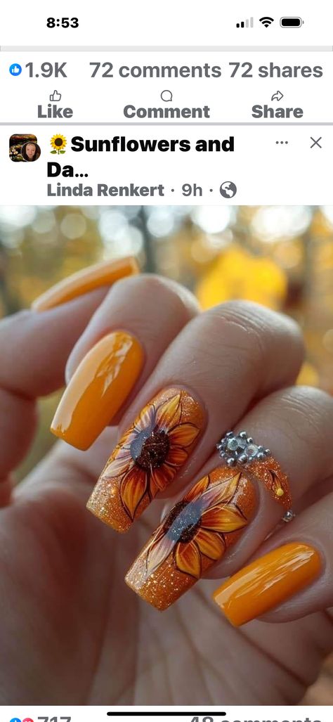 Orange Sunflower Nails, Fall Sunflower Nails, Navy Nails, 15 Birthday, Orange Sunflowers, Sunflower Nails, Fall Gel Nails, Pumpkin Nails, Nails Inspo