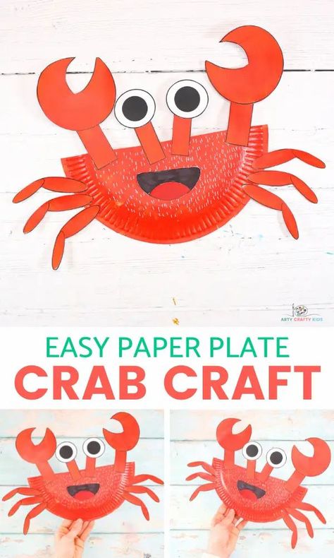 Learn how to make this Paper Plate Crab Craft with our easy to follow step-by-step tutorial. Crabs are the perfect subject for a Summer craft session with the kids and this super easy crab craft will delight Arty Crafty Kids with its easy to color and cut shapes. Crab Craft Preschool, Paper Plate Crab Craft, Paper Plate Crab, Abc Bootcamp, Sea Creatures Crafts, Crab Craft, Crab Crafts, Under The Sea Crafts, Paper Plate Crafts For Kids