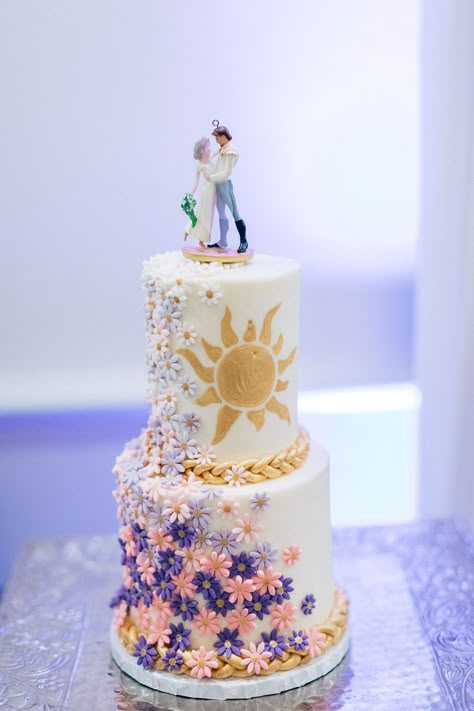 Our Wedding Cake! Wedding Cake Rapunzel, Tangled Inspired Wedding Cake, Rapunzel Sweet 16 Cake, Stitch Wedding Cake, Tangled Inspired Cake, Rapunzel Wedding Cake, Rapunzel Quince Cake, Repunzle Theme Wedding, Tangled Rapunzel Wedding Theme