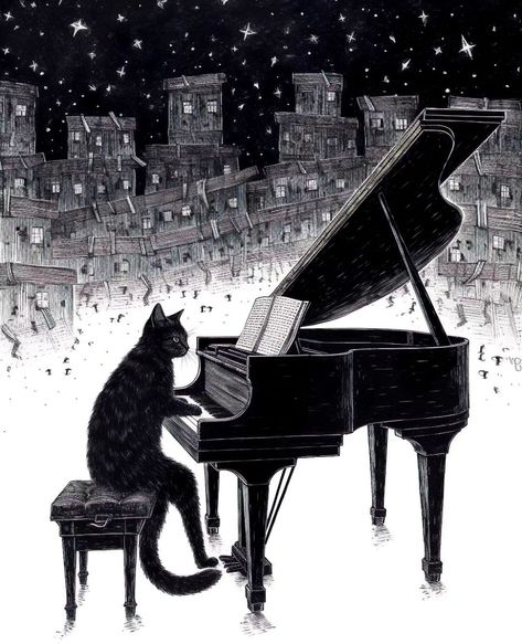 Esthetic Things, Animals Playing Instruments, Cat Playing Piano, Ink Reference, Cats Black, Cat Doodle, Playing Piano, Creative Artwork, Cat Playing