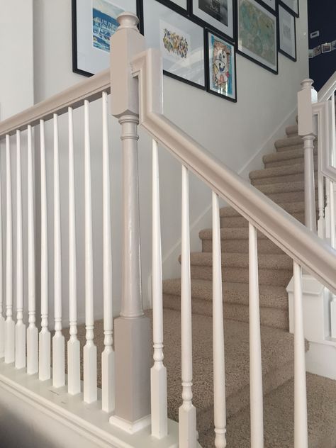 Found on Bing from www.pinterest.com Stair Handrail Paint Ideas, Repainting Stair Rails Banisters, Stair Railing Paint, Bannister Remodel, Painted Handrails For Stairs, Painted Railings For Stairs, Stairwell Remodel, Painted Railing, Secretary Makeover