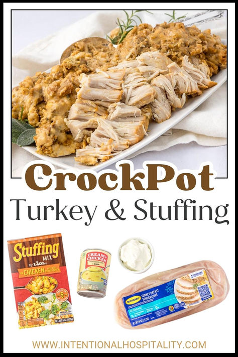 turkey and stuffing along with ingredients to make it. Turkey Tenderloin And Stuffing Crockpot, Turkey And Dressing Crockpot Recipes, Thanksgiving In The Crockpot, Turkey Stuffing Crockpot, Turkey Breast And Stuffing Crockpot, Crockpot Turkey Dinner, Turkey Tenderloins In Crockpot, Cooking Turkey Breast In Crockpot, Turkey And Stuffing Crockpot