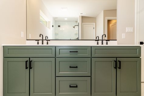 Green Bathroom Cabinets Black Hardware, Green Bathroom Vanity With Black Hardware, Dark Olive Bathroom Vanity, Green Vanity With Black Hardware, Green Vanity Black Hardware, Olive Green Bathroom Vanity, Dark Green Bathroom Vanity, Bathroom Green Vanity, Green Cabinets Bathroom