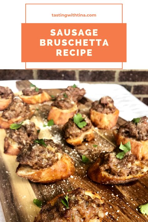 This recipe is one of my absolutely favorite things to make for a crowd. Sausage bruschetta is inspired by my first trip to Italy.  We had this dish and it blew my mind, so when we returned from our trip, we had to recreate it. My dad actually came up with this sausage bruschetta recipe when we returned home, and it’s pretty damn close to the real thing.  I make these for my family and friends and they consistently love this recipe. Steak Bruschetta Appetizers, Italian Brushetta Appetizers, Sausage Crostini, Mushroom Bruchetta Appetizers, Brushetta Appetizers Bruschetta Recipe, Italian Dinner Menu, Authentic Bruschetta, Baguette Appetizer, Sausage Appetizer Recipes