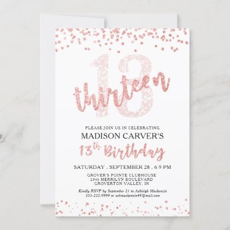 Girly 13th Birthday Rose Gold Glitter Confetti for $2.85 - Birthday Invitations Roller Skate Birthday Party, 13th Birthday Party, Birthday Rose Gold, 13th Birthday Invitations, Confetti Invitation, Blush Invitations, Rose Gold Ombre, Online Party Invitations, Cricut Birthday