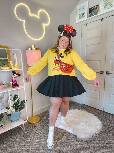 disney plus size style girl wears black mini skirt with yellow mickey sweatshirt Disney World Outfits, Disneyland Outfits, Disney Outfits, Disney Style, Disney Trips, Disney World, Disneyland, Plus Size Fashion, Plus Size Outfits