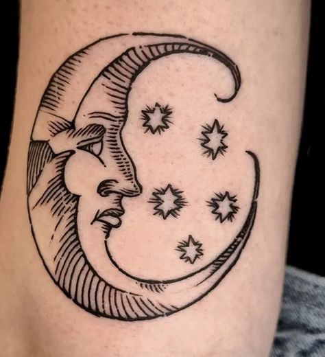 Celestial Traditional Tattoo, Medieval Moon Tattoo, Medieval Tattoo, Moon Tattoo, Traditional Tattoo, Tattoos, Drawings