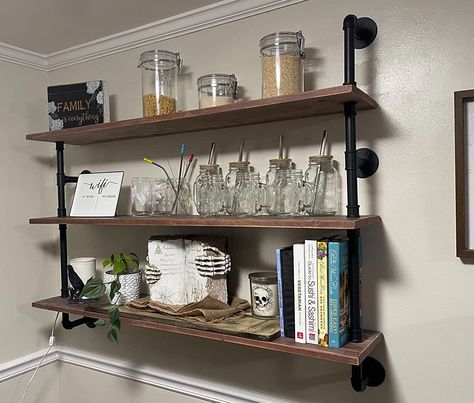 Pipe Shelves Kitchen, Farmhouse Kitchen Bar, Industrial Kitchen Shelves, Rustic Wood Shelf, Bar Shelving, Hanging Bookshelves, Industrial Wall Shelves, Shelves Industrial, Pipe Shelving