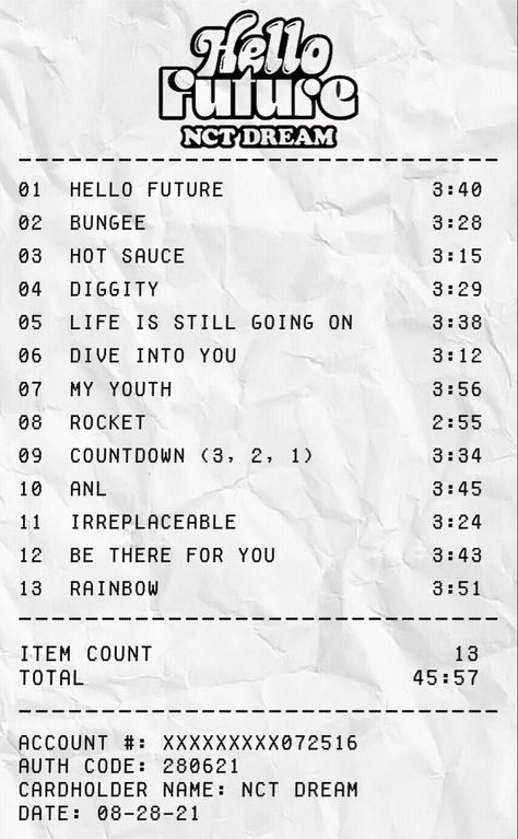 Nct Dream Receipt, Nct Receipt, Nct Printable, Future Album Cover, Album Receipt, Future Album, Printable Wall Poster, Dream Song, Hello Future