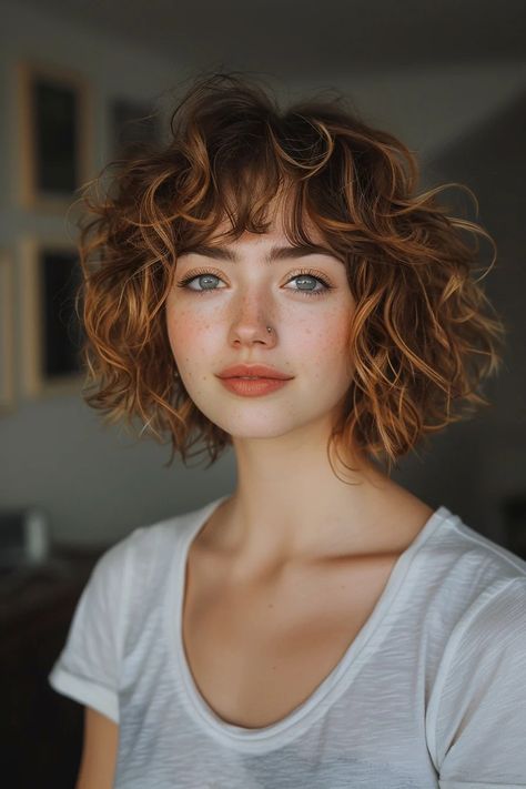 Wavy Hair Bob Haircut With Bangs, Wavy Bob Bangs Hairstyles, Curly Bob With Bangs Hairstyles, Short Auburn Curly Hair, Short Curly Hair And Bangs, Curly Lob Bangs, Curly Bangs Glasses, Curly Short Haircuts With Bangs, Short Curly Hairstyles Braids