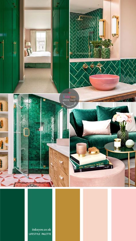 Beautiful color palette of green emerald with pink and gold accents. Nails Emerald, Palette Green, House Green, Yoga Studio Design, Color Schemes Colour Palettes, House Color, Green Colour Palette, Nails 2020, Green Bathroom