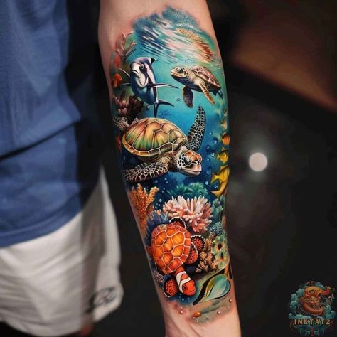 Undersea Tattoo Sleeve, Underwater Tattoo Ocean Life, Ocean Tattoos Sleeve Underwater, Ocean Tattoo Sleeve, Underwater Tattoo Sleeve Color, Mermaid Tattoo Sleeve Ocean Themes, Ocean Themed Tattoos, Sea Tattoo Sleeve, Ocean Theme Tattoos