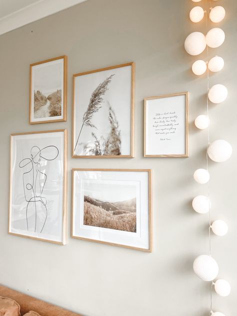 Photo Wall Ideas Minimalist, Minimal Gallery Wall Bedroom, Arranging Frames On Wall, Six Frames On Wall, Beige Gallery Wall, Gallery Wall Scandinavian, Minimal Wall Decor Living Room, Picture Wall Ideas Minimalist, Wall Arrangement Ideas Bedroom