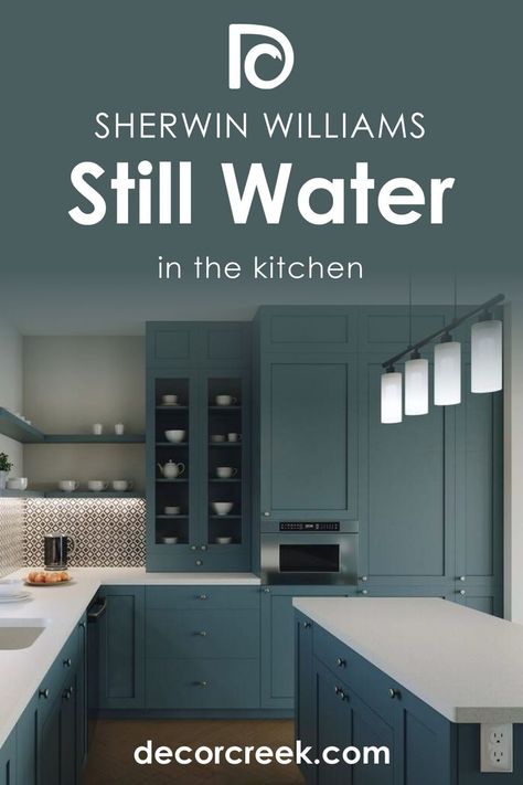 Still Water SW 6223 in the Kitchen by Sherwin-Williams Sw Still Water, Sunroom Makeover, Cupboard Colors, Moody Kitchen, Top Paint Colors, Dark Paint Colors, Trim Colors, House Color Palettes, Neutral Interiors