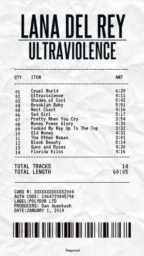 Receipt Lana Del Rey, Ultraviolence Wallpaper, Ultraviolence Poster, Pretty When I Cry, Album Receipt, Money Power Glory, Lana Del Rey Ultraviolence, Phone Case Decoration, Lana Del Rey Love