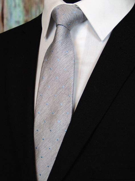 Elegant silver/gray silk men's necktie. Features a silver/gray background with faint light blue dots. Available as an extra-long tie. #Silver #Gray #Grey #Necktie #Blue Silver Shirt, Purple Gothic, Make A Tie, Matric Dance, Silver Tie, Broken Arrow, Blue Dots, Tie Men's, Grey Tie