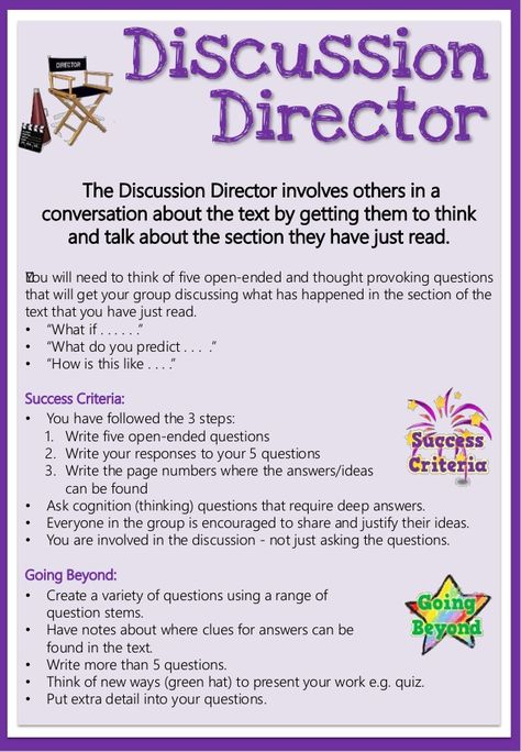 The Discussion Director involves others in a conversation about the text by getting them to think and talk about the secti... Literature Circle Roles, Third Grade Reading Comprehension, Lit Circles, Literacy Circles, Literature Circle, Classroom Discussion, Making Inferences, Reading Comprehension Strategies, Third Grade Reading