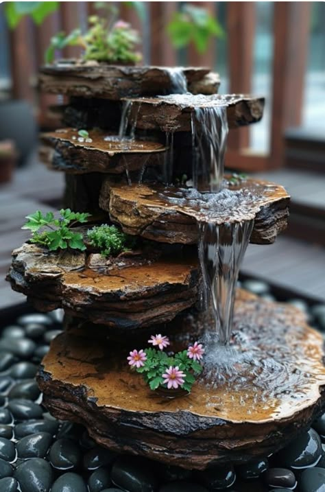 Backyard Deck Ideas, Mini Fountain, River Rock Landscaping Ideas, Creative Backyard, Rock Landscaping Ideas, River Rock Landscaping, Rock Landscaping, Deck Ideas, River Rock