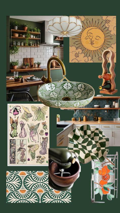 Forest Themed Kitchen, Boho Green Kitchen, Orange And Green Kitchen, Green And Brown Kitchen, Green And Orange Kitchen, 70’s Kitchen, Kitchen Color Themes, Earth Tones Kitchen, Fairy Kitchen