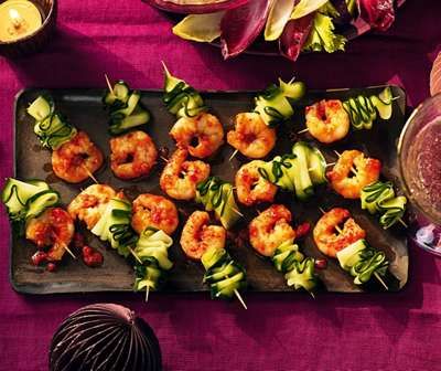 Spicy Prawn & Cucumber Skewers Recipe | Waitrose & Partners Prawn Canapes, Cucumber Skewers, Prawn Skewers, Fresh Pasta Sauce, Spicy Prawns, Low Alcohol Drinks, Skewer Recipes, Frozen Seafood, Japanese Dessert