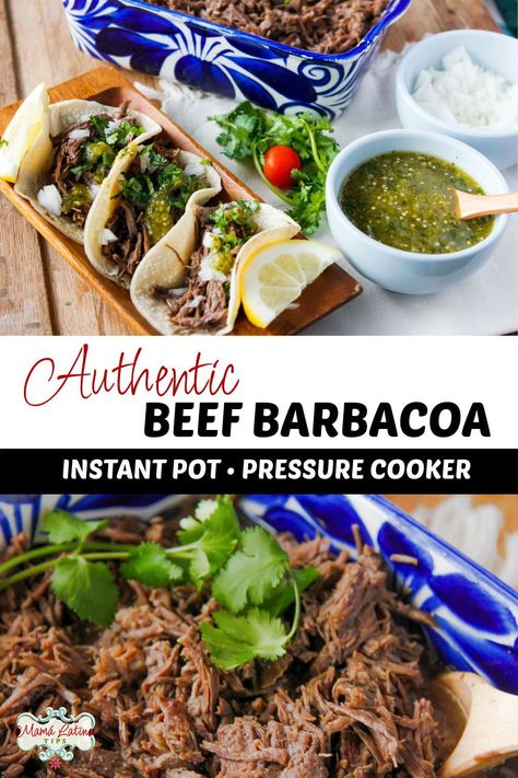 This authentic Mexican Beef Barbacoa recipe is so flavorful and so easy to make, it serves 4-6. You can make it on the Instant Pot or pressure cooker and it's ready in less than an hour. Truly melt-in-your-mouth tender and juicy, this delicious shredded beef fits into the keto, whole30 or paleo diets, it's also gluten-free. Learn how to make it with our step by step recipe and video. #barbacoa #beef #mexican #shreddedbeef #instantpot #pressurecooker #easyrecipe Instant Pot Machaca Beef, Barbacoa Instant Pot Mexican, Mexican Shredded Beef Instant Pot, Barbacoa Crock Pot Mexican Authentic, Barbacoa Instant Pot, Authentic Mexican Beef, Mexican Barbacoa Recipe, Machaca Beef, Wapf Diet