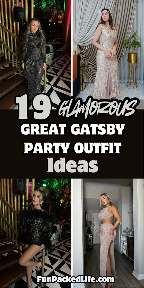 Collage showcasing four Gatsby-inspired party outfits. Top left features a long-sleeve black sequined gown with high neck. Top right shows a champagne beaded dress with art deco patterns and headpiece. Bottom left displays a black feathered mini dress with statement earrings. Bottom right presents a crystal-embellished two-piece set with crop top and high-slit skirt. Ballroom Theme Party Outfit, 1920s Birthday Party Outfit, Cocktail Masquerade Outfit, 1920 Speakeasy Fashion, Gatsby Party Outfit Ideas, 1920s Diy Costume, Roaring 20s Party Outfit Diy, 1920 Theme Party Outfit, Roaring Twenties Outfit