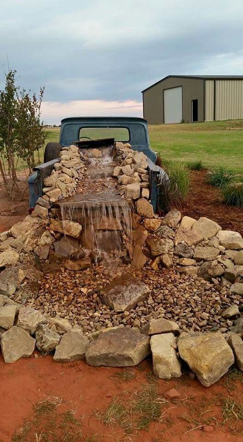 Old Truck Flower Bed Waterfall, Truck Water Feature, Old Truck Waterfall Pond, Truck Fountain, Truck Waterfall, Waterfall Pond, Waterfall Ideas, Rock Fountain, Pick Up Truck