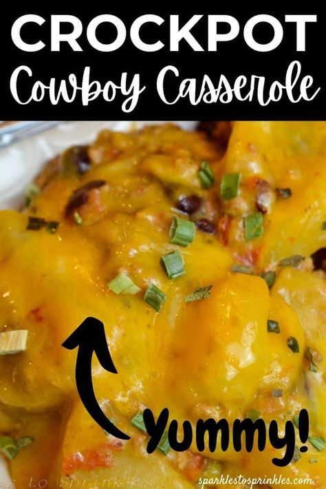 Crockpot Cowboy Casserole is a hearty dish that your family will love as it combines ground beef, potatoes, beans, tomatoes, and cheese in this easy to prep family favorite! Pin for Later! Cowboy Crockpot, Crockpot Cowboy Casserole, Tortellini Soup Crockpot, Sweet And Sour Soup, Ground Beef Potatoes, Hamburger Meals, Cowboy Stew, Tomatoes And Cheese, Cowboy Casserole