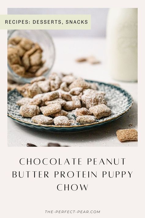 This protein puppy chow tastes like traditional puppy chow (or muddy buddies, reindeer poop, whatever you want to call it) but has less sugar and more protein! This treat is full of chocolate and peanut butter flavor and is extremely addicting! Protein Puppy Chow Pb2, Healthy Puppy Chow, Protein Puppy Chow, Muddy Buddy Recipe, Reindeer Poop, Office Gift Ideas, Muddy Buddies Recipe, Chocolate Peanut Butter Recipes, Muddy Buddy