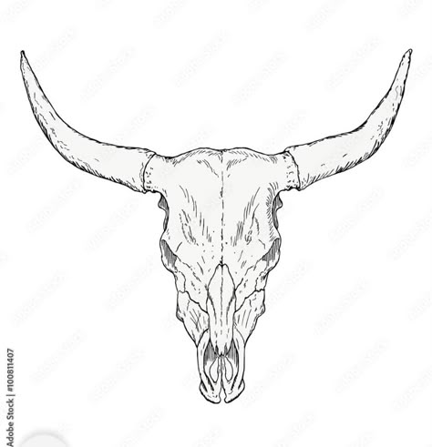 Long Horn Tattoo Skull Texas Longhorns, Womens Cow Skull Tattoo, Bull With Horns Tattoo, Bull Skull Side View, Cow Skull Tattoo Stencil, Longhorn Tattoo Outline, Long Horn Skulls, Longhorn Rib Tattoo, Bison Skull Drawing