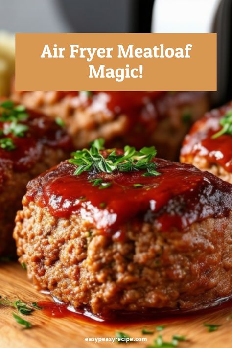 Close-up of juicy, glazed mini meatloaves garnished with herbs on a wooden board, made in an air fryer. Air Fryer Mini Meatloaf Recipe, Air Fryer Mini Meatloaf, Fun Air Fryer Recipes, Air Fry Meal Prep, Small Air Fryer Recipes, Mini Air Fryer Recipes, Meatloaf In Air Fryer, Air Fryer Meal Prep, Air Fryer Recipes Meatloaf