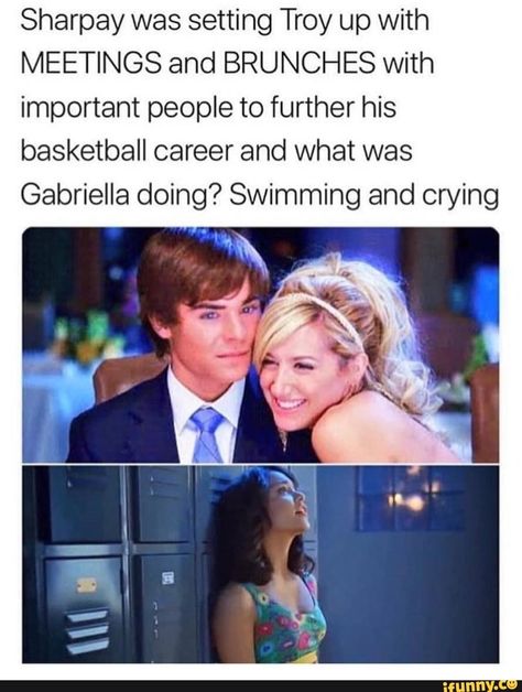 Sharpay was setting Troy up with MEETINGS and BRUNCHES with important people to further his basketball career and what was Gabriella doing? Swimming and crying – popular memes on the site iFunny.co #highschoolmusical #movies #feature #featureworthy #funny #sharpay #setting #troy #meetings #brunches #important #people #further #basketball #career #gabriella #swimming #crying #pic High School Musical Cast, Happy Memes, Old Disney Channel, Funny Sports Memes, Disney Channel Shows, What Team, Sports Memes, Struggle Is Real, Important People