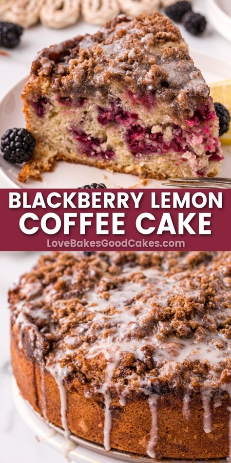 Blackberry Lemon Coffee Cake pin collage Blackberry Lemon Bundt Cake, Blackberry Bundt Cake Recipe, Blackberry Breakfast Cake, Bird Dessert, Cream Cheese Crumb Cake, Blackberry Recipes Easy, Blackberry Coffee Cake, Lemon Blackberry Cake, Brown Sugar Crumble Topping