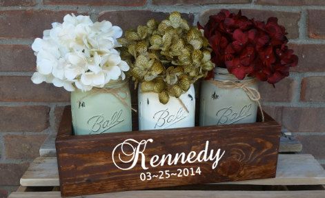 Painted Mason Jar Table Centerpiece Personalized - 3 Quart w/ Wooden Rustic Upcycled Planter Box - Console Table Decor, Table Decor, Wedding - pinned by pin4etsy.com Mason Jar Utensil Holder, Console Table Decor, Mason Jar Holder, Mason Jar Planter, Upcycled Planter, Wood Box Centerpiece, Quart Size Mason Jars, Table Decor Wedding, Romantic Rustic Wedding