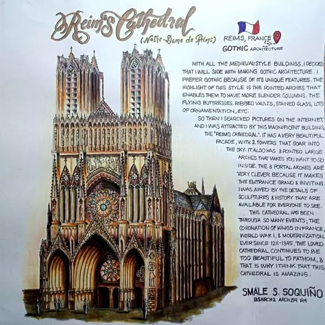 Gothic Architecture Watercolor, History Of Architecture Plates Drawing, Reims Cathedral Drawing, Architectural Plates Hoa, History Of Architecture Plates Layout, Architecture Plates Drawing, Alcohol Marker Rendering, Architecture Plates Layout, Roman Architecture Drawing