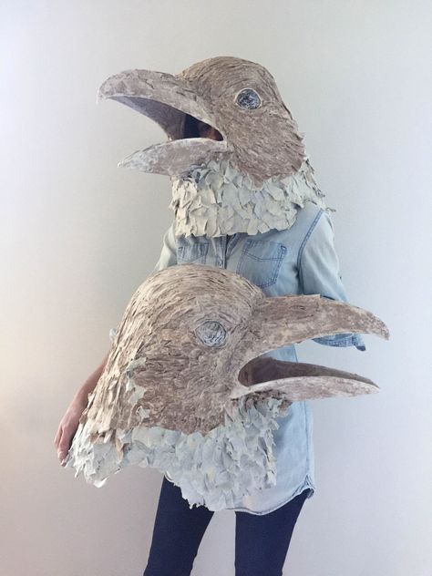 Paper Mache Head, Scarecrow Mask, Raven Mask, Puppet Costume, Cardboard Mask, Paper Mache Mask, Paper Mache Animals, Bird Costume, Bird Masks