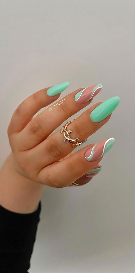 50 Pretty Summer Nails in 2022 For Every Taste : Mint Swirl Nails Teal Almond Nails Designs, Slay Nails, Mint Green Nails, Swirl Nails, Mint Nails, Lilac Nails, Bright Summer Nails, Nails Green, Simple Gel Nails