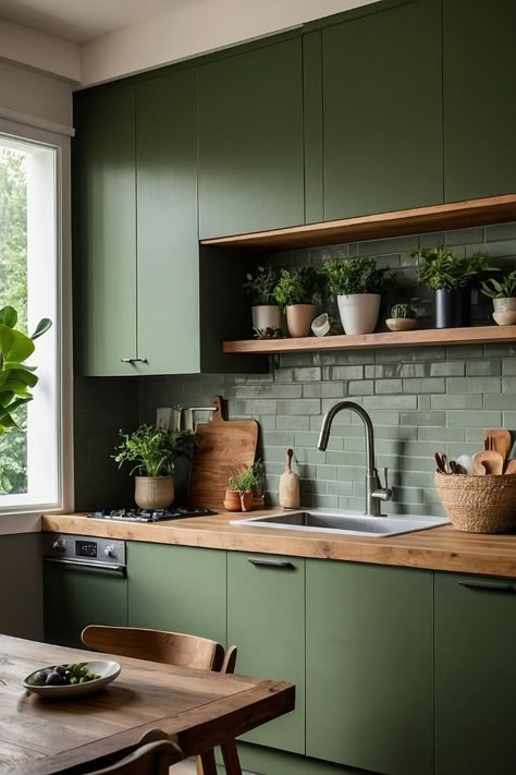 Green Color Home Decor, Green Wall Kitchen Ideas, Light Green Backsplash, Kitchen Colors 2024, Sage Green And Black Kitchen, Grey Green Kitchen, Paint Ideas For Kitchen, Kitchen Design Island, Green And Wood Kitchen