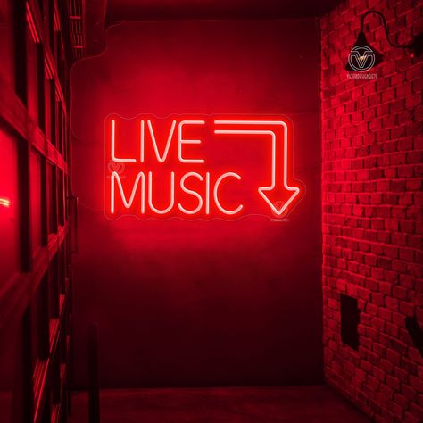 #NeonLightSigns #BrightIdeas #NeonSigns #BrightIdeas Rock And Roll Restaurant Design, Music Room Lights, Neon Lights Room Decor, Music Room With Drums, Live Music Neon Sign, Music Jam Room, Music Room Lighting, Music Studio Lounge, Eclectic Music Room