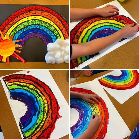 Rainbow Art Lesson Elementary, Primary Color Lessons First Grade, Color Lessons For Kindergarten, How The Crayons Saved The Rainbow, Line Art Project Kindergarten, Kindergarten Rainbow Art, Art Project 1st Grade, First Grade Art Lessons, Rainbow Art Projects