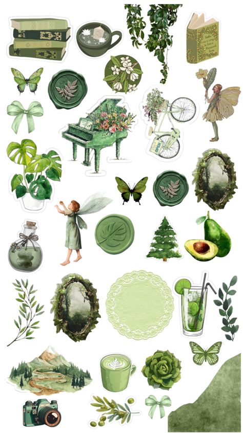 Journaling Materials Printable, Green Vintage Stickers Printable, Scrapbook Stickers Printable Vintage Aesthetic Green, Sage Green Stickers Aesthetic Printable, Green Design For Scrapbook, Green Scrapbook Stickers, Stickers Printable Tumblr Vintage, Green Stickers Printable, Green Printable Stickers