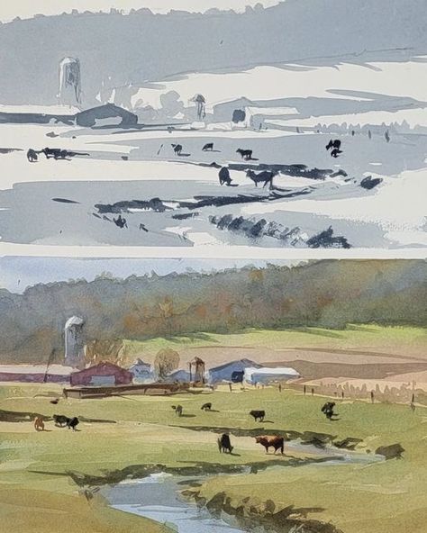 Watercolor Value Study, Andy Evansen Value Study, Atmospheric Perspective Watercolor, Andy Evansen Watercolors, Watercolor Course, Andy Evansen, Cow Paintings, Bill Vrscak Watercolor Landscape, Value Painting