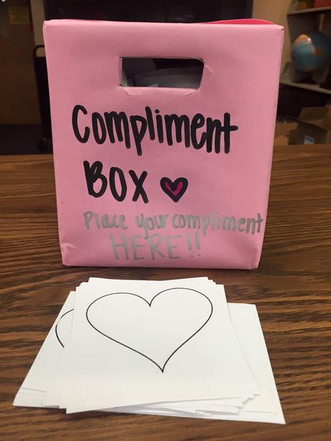 Compliment Box for Random Acts of Kindness Week! Things To Put In Chatter Boxes, Kindness Box Ideas Classroom, Complaint Box Ideas, National Compliment Day Ideas, Random Acts Of Kindness Ideas For School, Valentines Decorations For Classroom, Galentines Activity Ideas, Kindness Week Ideas, Valentines Fundraiser