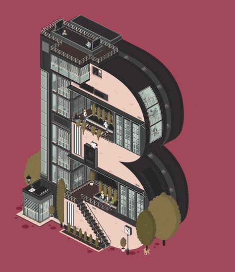 this isn't happiness™ (Das Kreative Haus, Florian Schommer), Peteski 3d Typography Design, Typography Drawing, Typography Alphabet, Building Illustration, Amazing Gifs, Isometric Art, 3d Typography, Isometric Design, Colossal Art