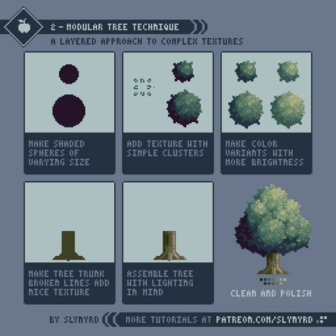 Pixelblog - 2 - Texture — SLYNYRD Pixel Tree, Pixel Art Tips, Pixel Tutorial, How To Pixel Art, Pixel Art Landscape, Tree Tutorial, Piskel Art, Pixel Animation, Pixels Art