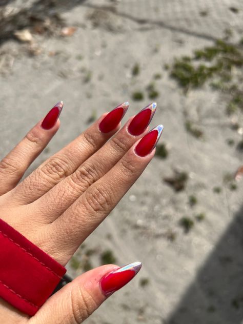 Red Nails Silver Tips, Red Nails With Silver Tips, Red Nails With Chrome, Red Nails With Silver, Chrome French Tip, Nails With Chrome, Red French Manicure, Monochromatic Nails, Chrome French