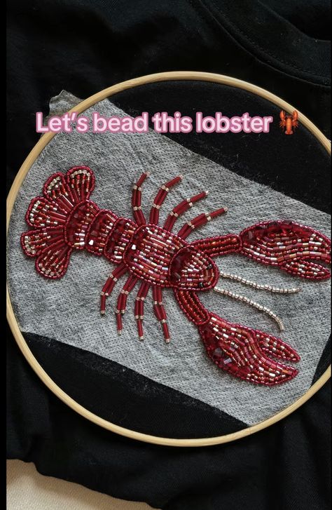 Bead Embroidery Lobster, Beaded Fish Shirt, Bead Embroidery Tshirt, Bead Embroidery Ideas, Beaded Embroidery Shirt, Embroidery Designs For Blouses, Lobster Embroidery, Beaded Lobster, Embroidered Lobster