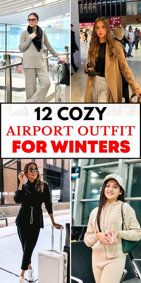 Fly comfortably this winter with these 12 cozy airport outfits! Each outfit is perfect for long flights and layovers, combining warmth with effortless style. From comfy layers to travel-friendly shoes, these looks make it easy to stay snug and stylish from takeoff to landing. Ideal for winter travelers who want both comfort and fashion on their journey! Comfy Travel Outfit Winter, Cute Airport Outfit Winter, Airport Outfit Winter Comfy, Cute Comfy Travel Outfits, Comfy Travel Outfit Long Flights, Comfy Airport Outfit Winter, Travel Look Outfits, Airport Style Winter, Airport Outfit Long Flight