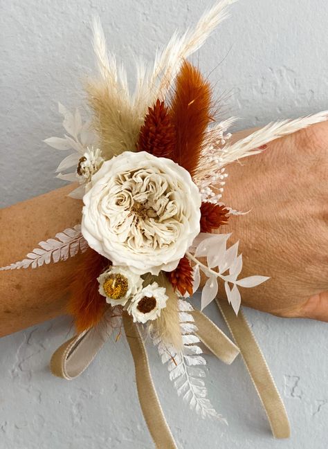 Rust Terracotta Garden Rose Corsage - Etsy Dried Flower Wrist Corsage Wedding, Western Wedding Corsage, Wrist Corsage Wedding Mothers Boho, Dried Flowers Corsage, Boho Wedding Corsage, Boho Wrist Corsage Wedding, Boho Wedding Corsages For Mothers, Terracotta Corsage, Copper Corsage