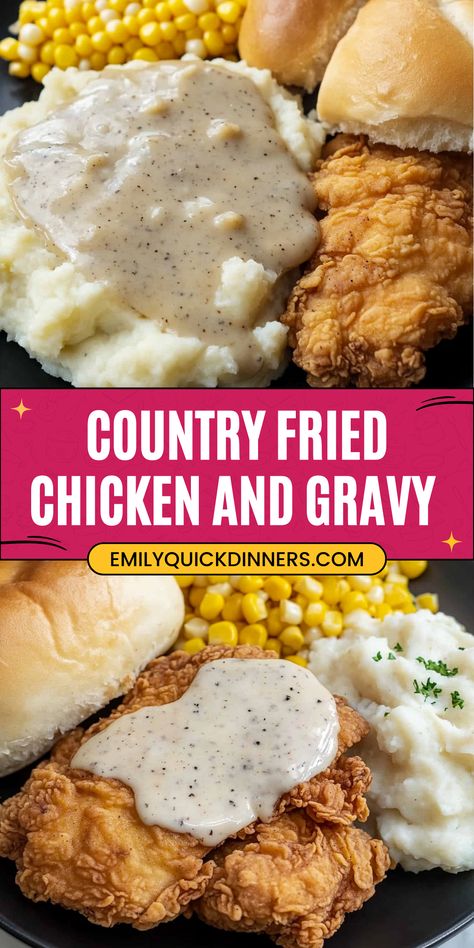 This Country Fried Chicken and Gravy is a crispy and flavorful dish that's perfect for a comforting meal!  Tender chicken fried to golden perfection and smothered in a creamy gravy.  #countryfriedchicken #chicken #gravy #easyrecipe #comfortfood #dinner #recipe #friedchicken Country Fried Chicken And Gravy, Fried Chicken And Gravy, Country Fried Chicken, Chicken Gravy Recipe, Chicken And Gravy, Chicken Tenderloin Recipes, Country Fried, Southern Comfort Food, Comfort Food Southern